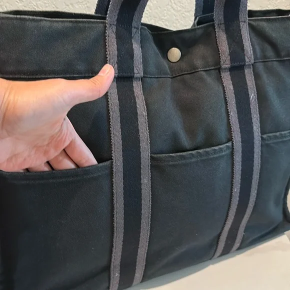 Hermes Large Handbag Canvas Tote Unisex Black - Picture 5 of 12